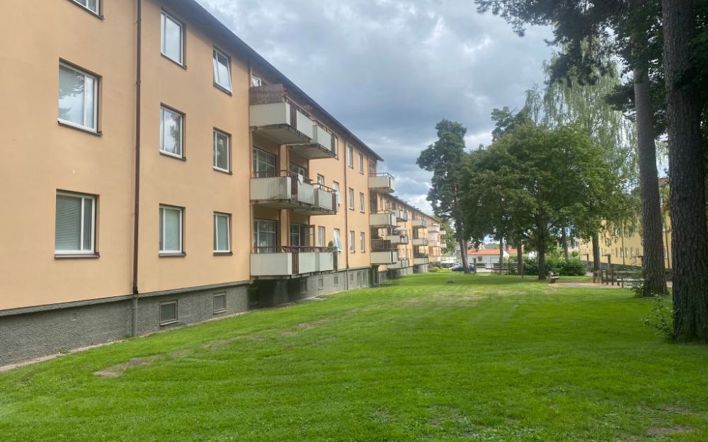 Långt orangegult flerbostadshus med balkonger, en stor gräsmatta och höga tallar